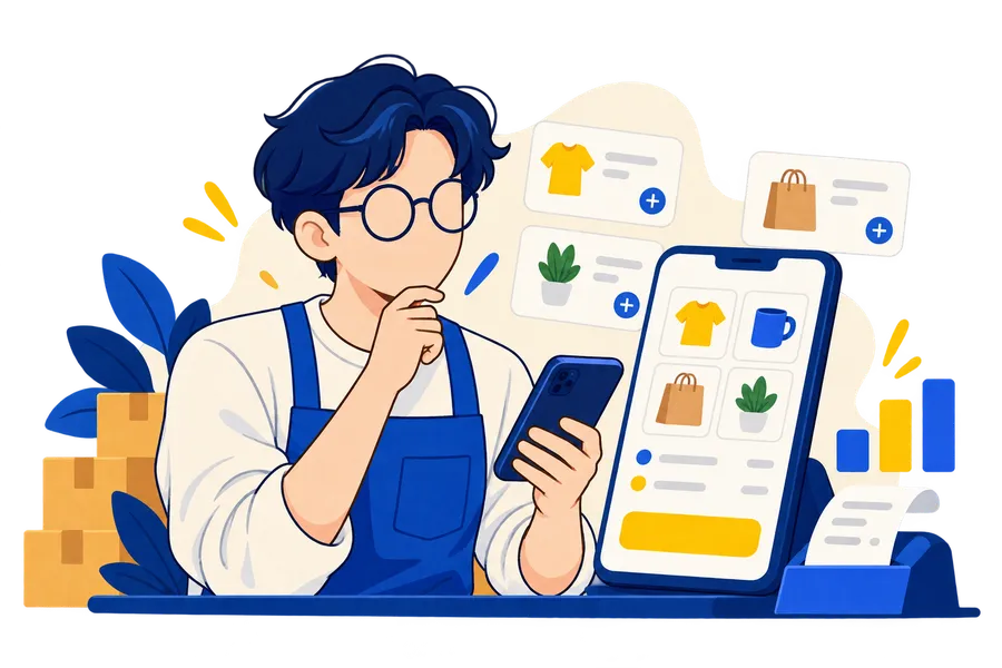 Ilustrasi DigiKasir dengan karakter berkacamata tanpa fitur wajah
